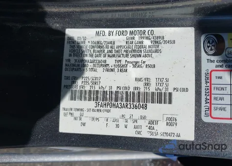 2010 Ford Fusion Se from USA, damaged, VIN 3FAHP0HA3AR336048
